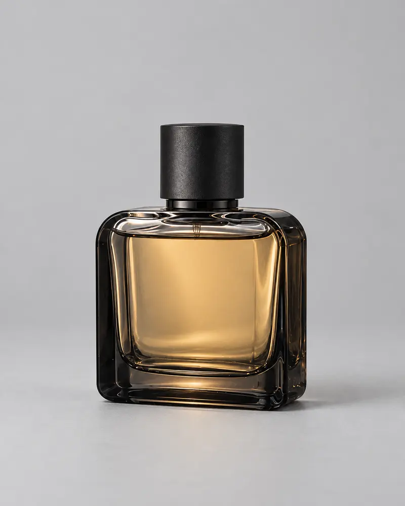 Plain unbranded fragrance bottle on a neutral background, generated concept input