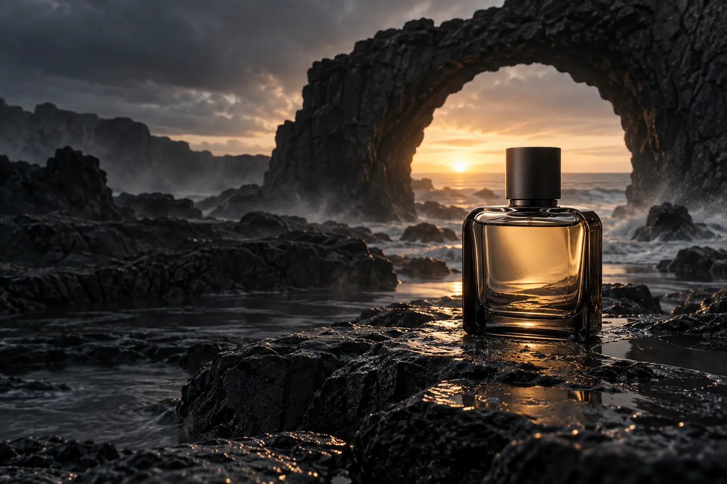 Unbranded fragrance in a basalt arch at dawn