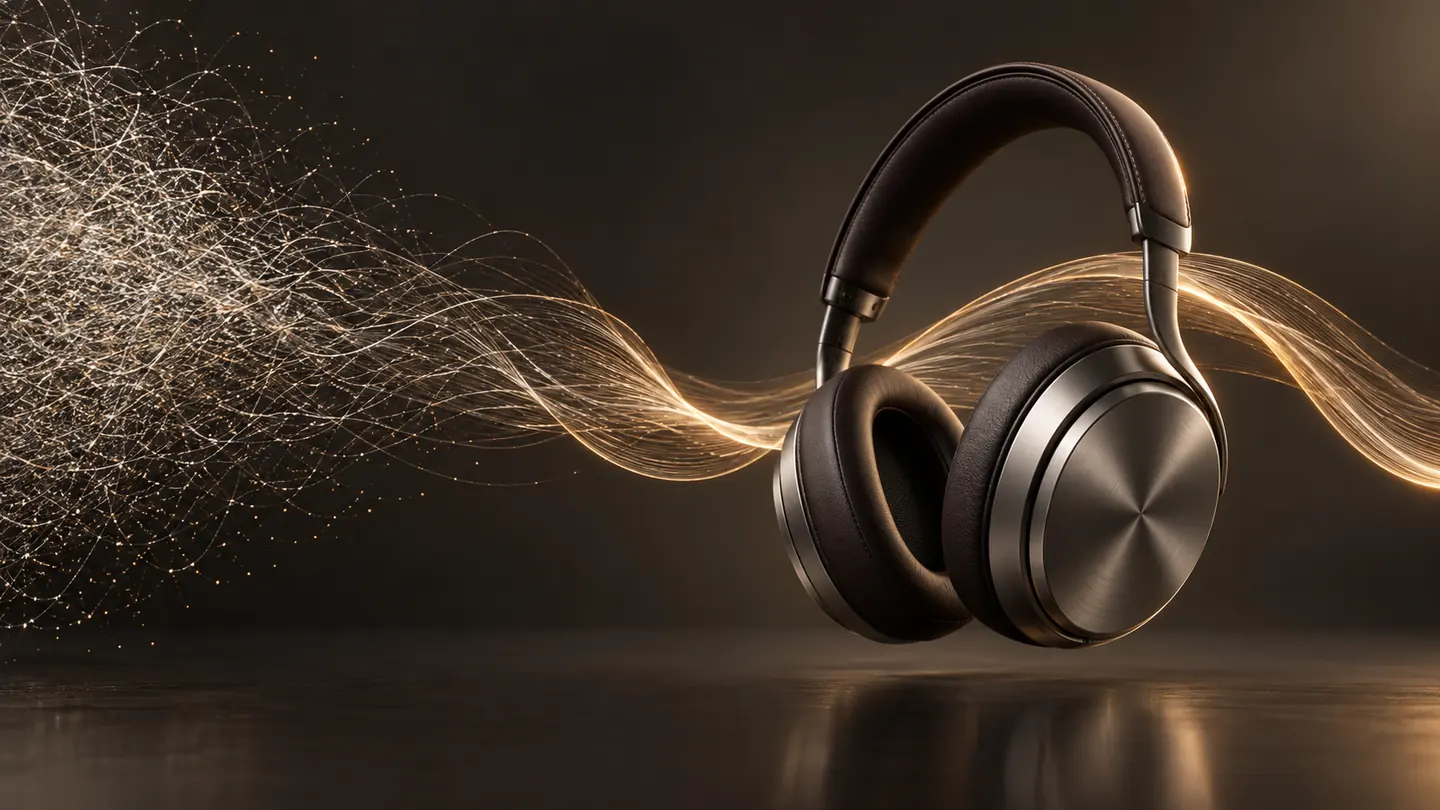 Original headphone concept: titanium earcups and dark leather against tangled silver strands resolving into an amber ribbon