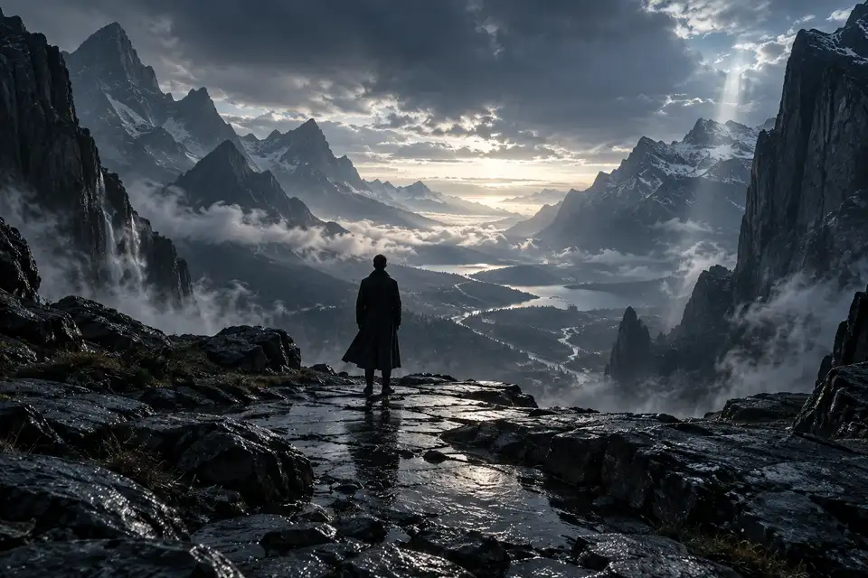 A lone figure facing an expansive mountain valley at blue hour, an original AI-generated travel concept