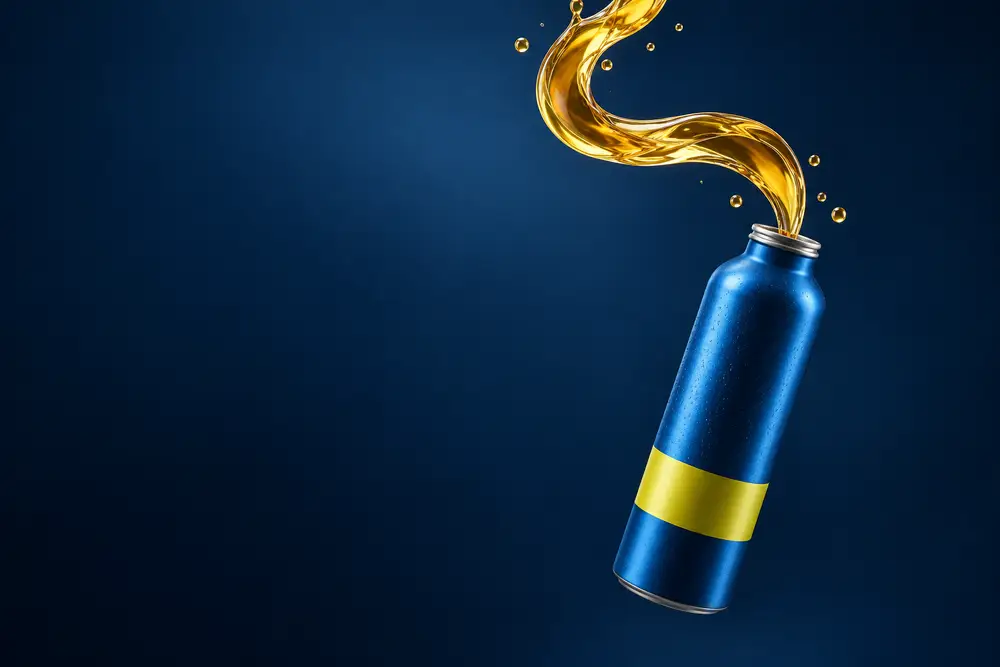A mineral-blue bottle with a citrus-yellow band beneath a suspended amber liquid ribbon