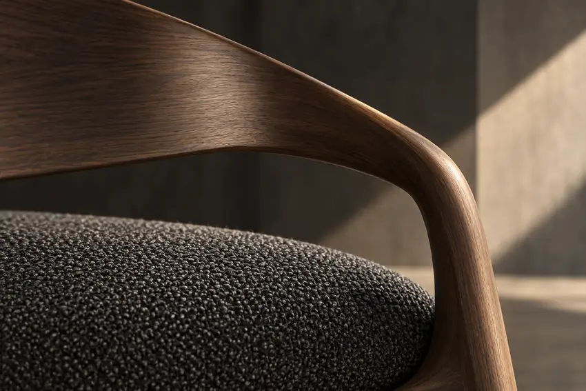Close study of curved smoked walnut and charcoal textured upholstery