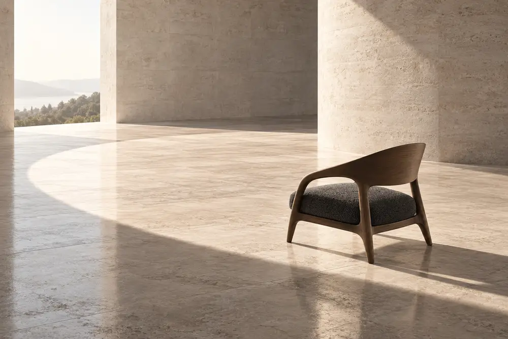 The same dark timber lounge chair in an open limestone room and circular pool of daylight