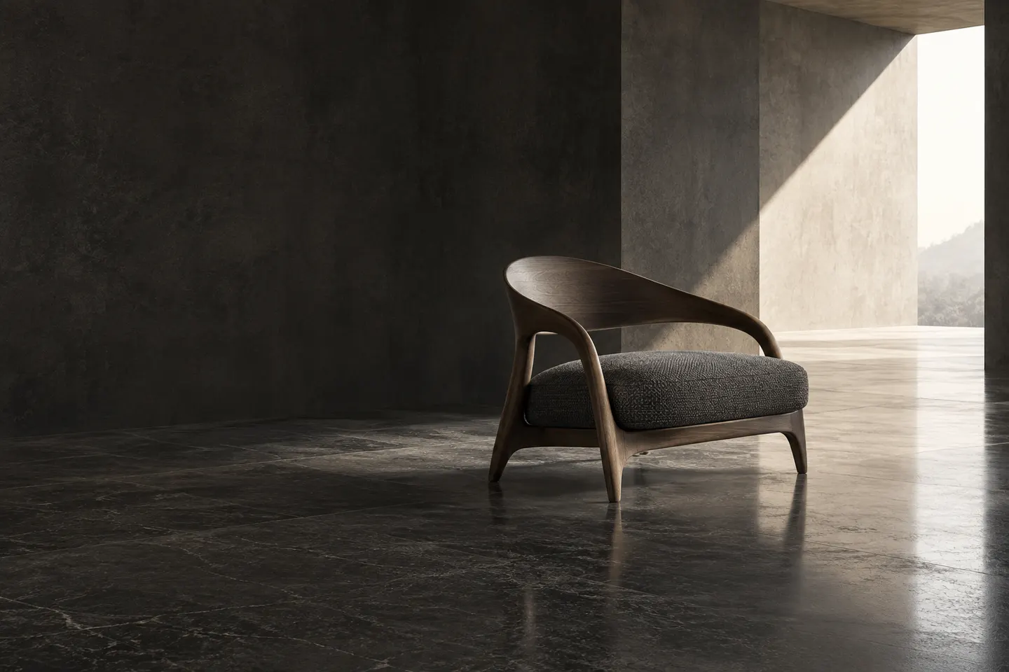 Original sculptural dark timber lounge chair in a quiet architectural space with a single plane of sunlight