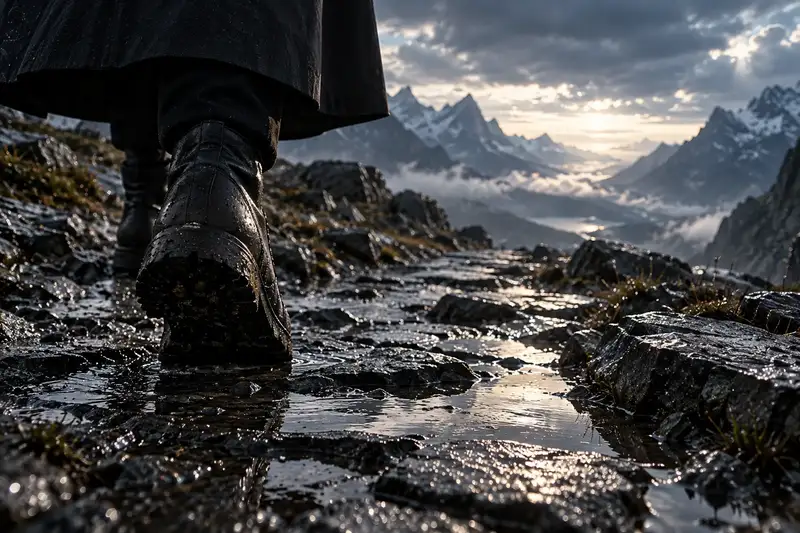 A black boot and coat hem taking a first step on wet slate