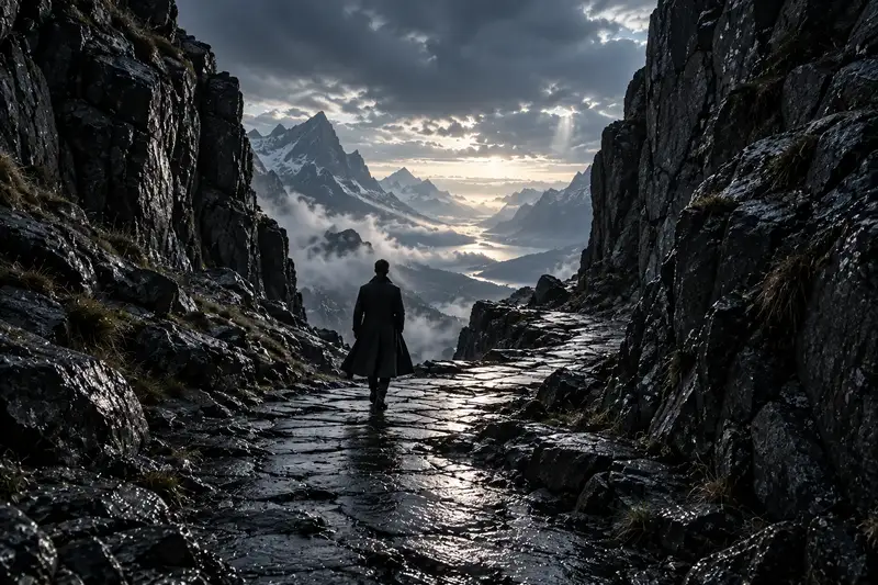 A dark-coated traveler on a broad path framed by mountain rock